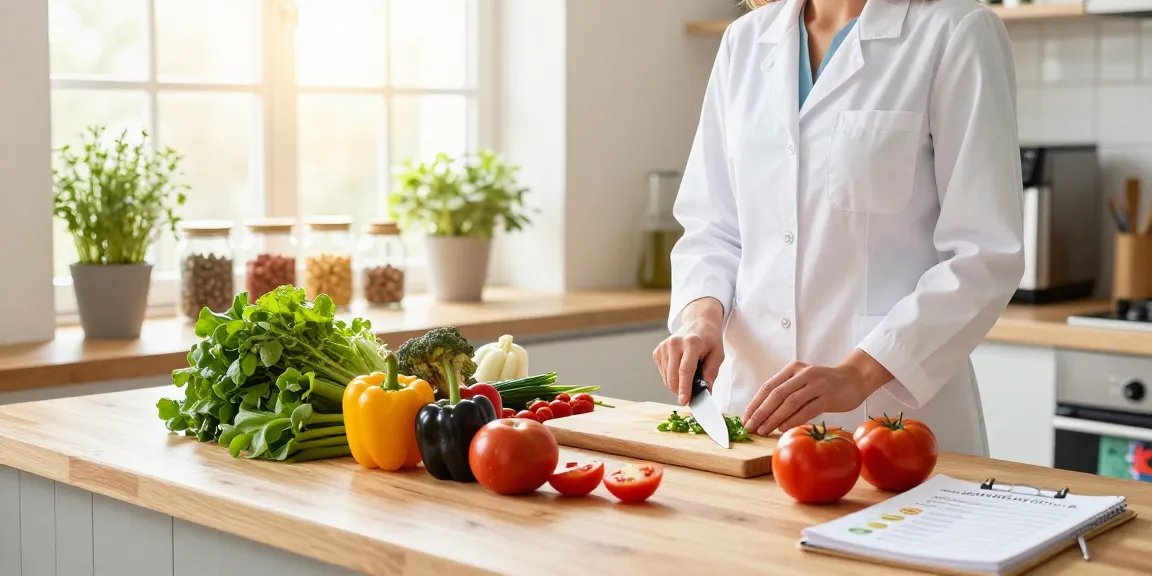 Healthy meal preparation scene highlighting erecsure ingredients and nutritionist's tips in a bright kitchen.