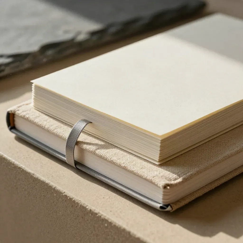 Linen coaching pack with stacked session cards and ribbon marker in dramatic raking light.