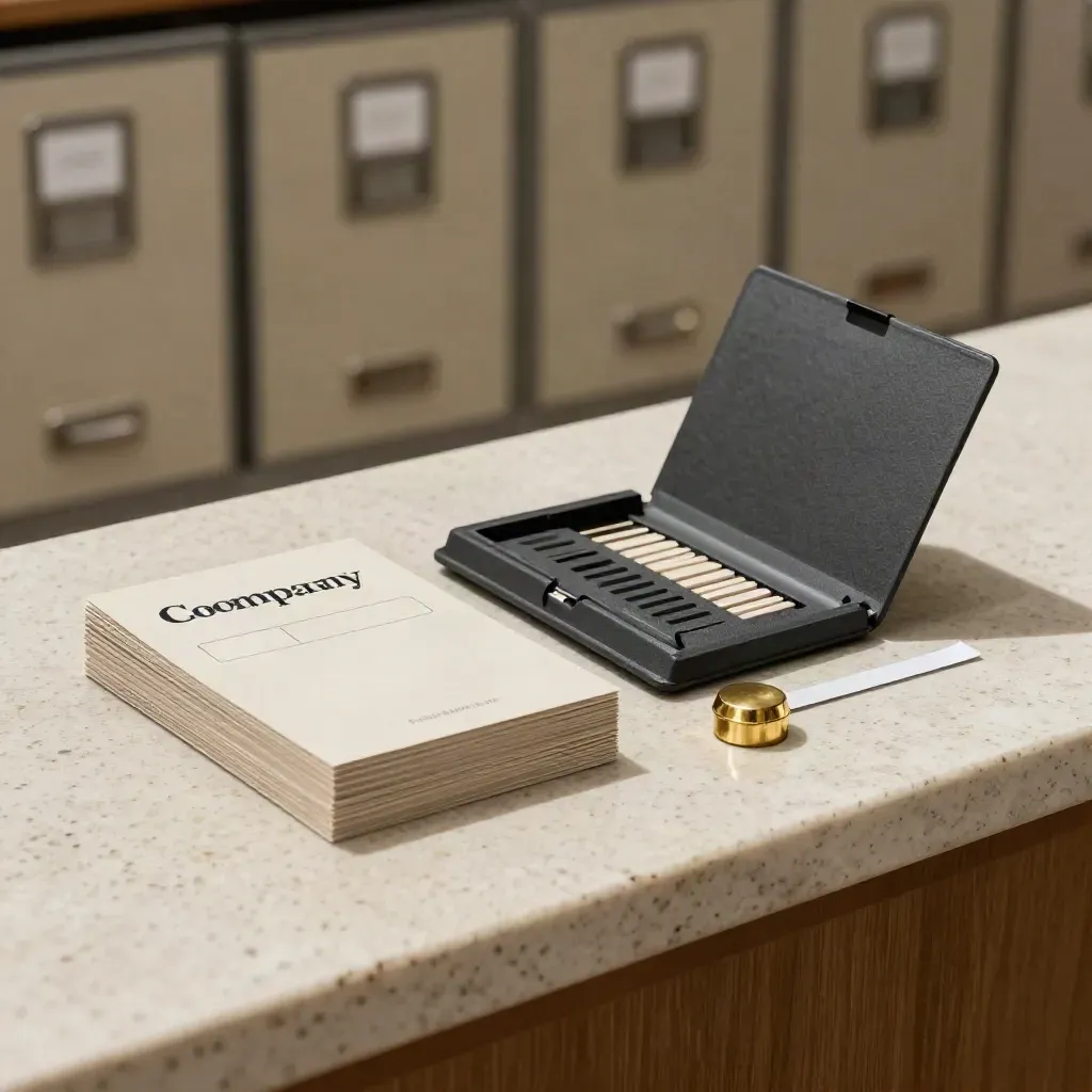 Company name search kit with proof cards, folder, and brass seal puck on travertine.