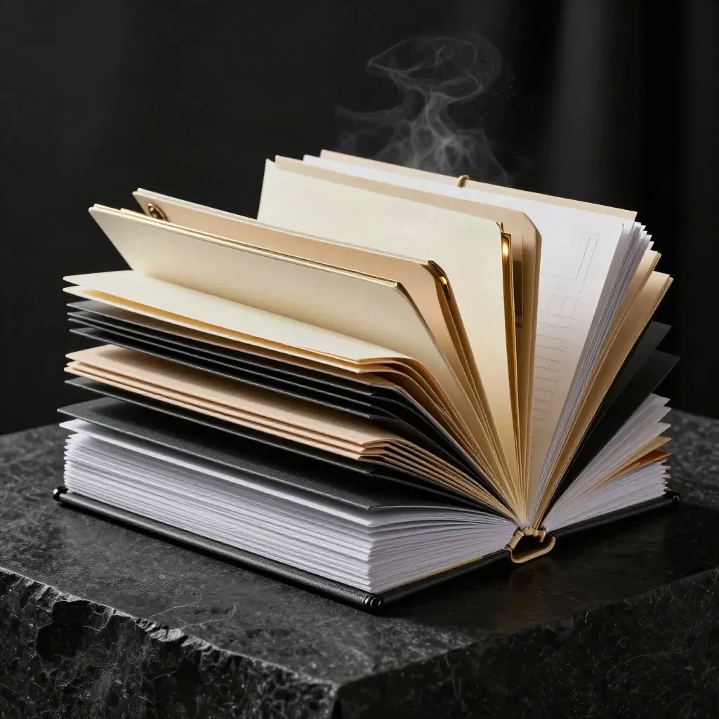 Gold clips and folders bursting from a startup bundle on a dark studio surface.