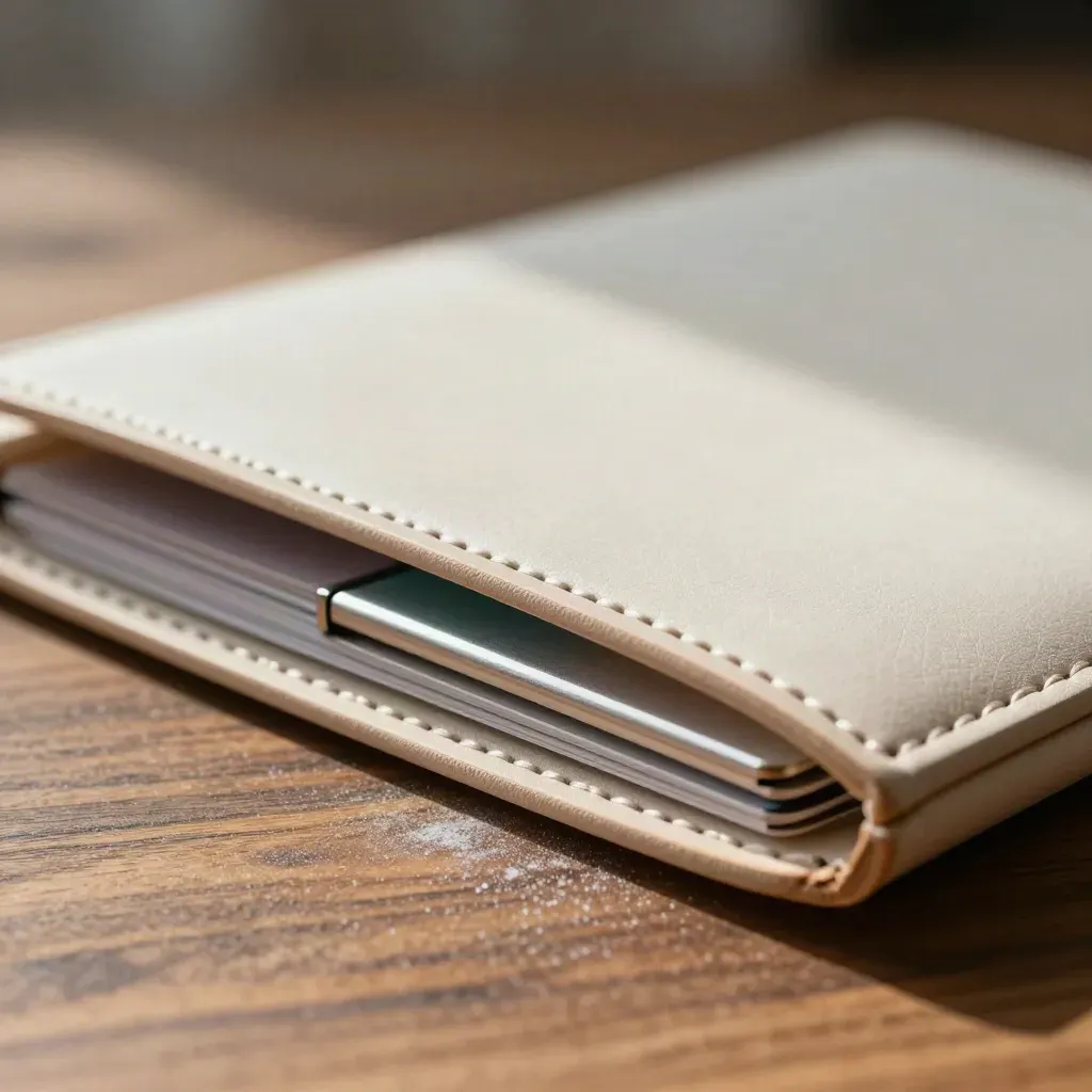 Macro close-up of a pale leatherette startup folio with tabbed inserts and metal clips.