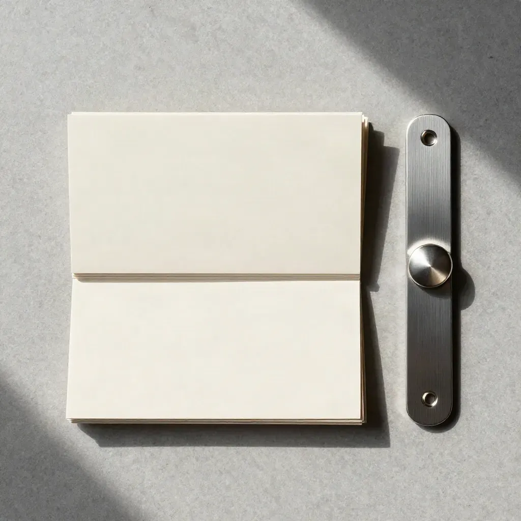 Cream registration kit flatlay with blank cards and a brushed metal fastener on stone