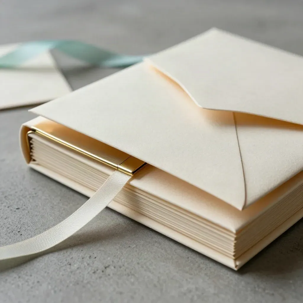 Cream folio with blank inserts, ribbon marker and brass clip on cool concrete.